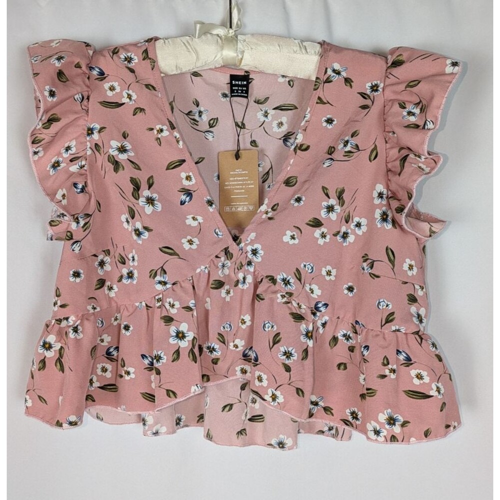 Shein Blouse S Pink Floral Ruffle High Low Crop Romantic Coquette Boho Cottage